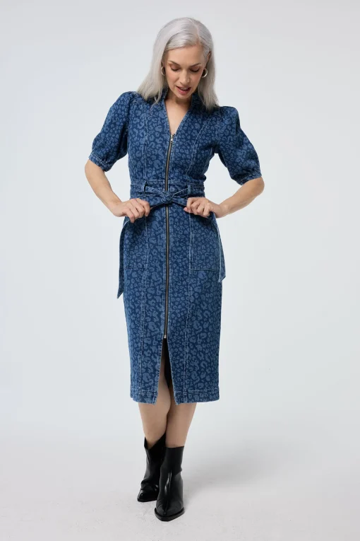 Women Scamp & Dude Authentic Indigo Leopard Zip Detail Midi Denim Dress