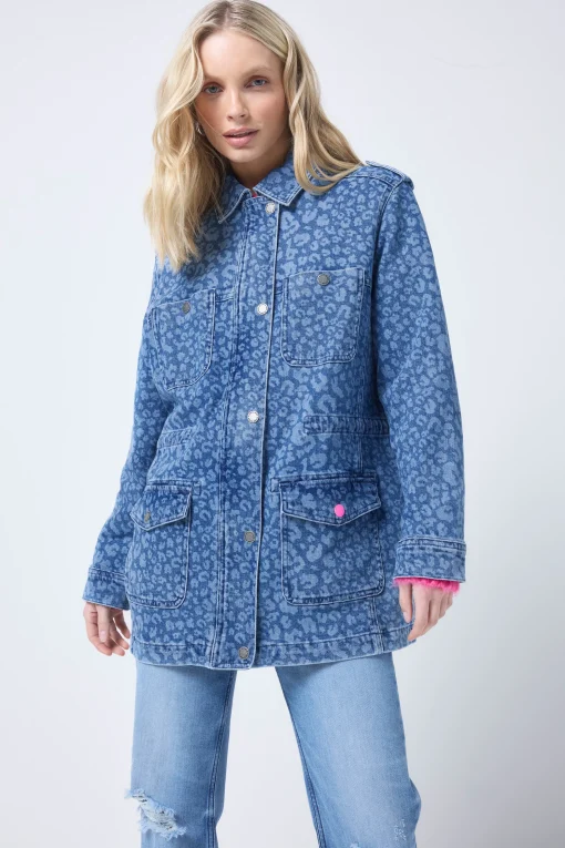 Women Scamp & Dude Authentic Indigo Leopard Denim Utility Jacket