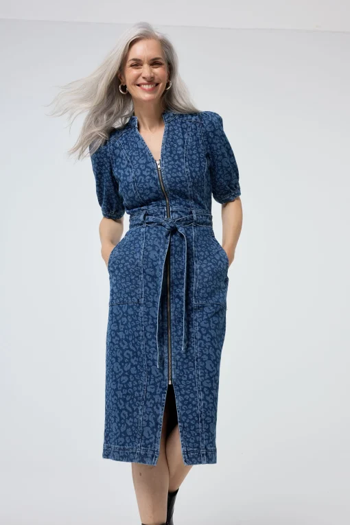 Women Scamp & Dude Authentic Indigo Leopard Zip Detail Midi Denim Dress