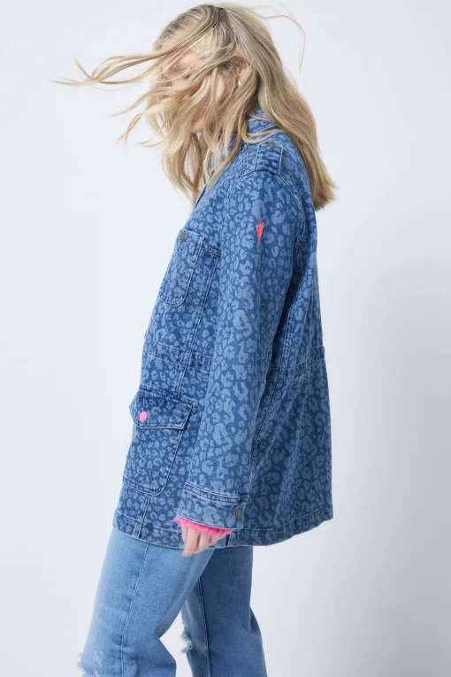Women Scamp & Dude Authentic Indigo Leopard Denim Utility Jacket