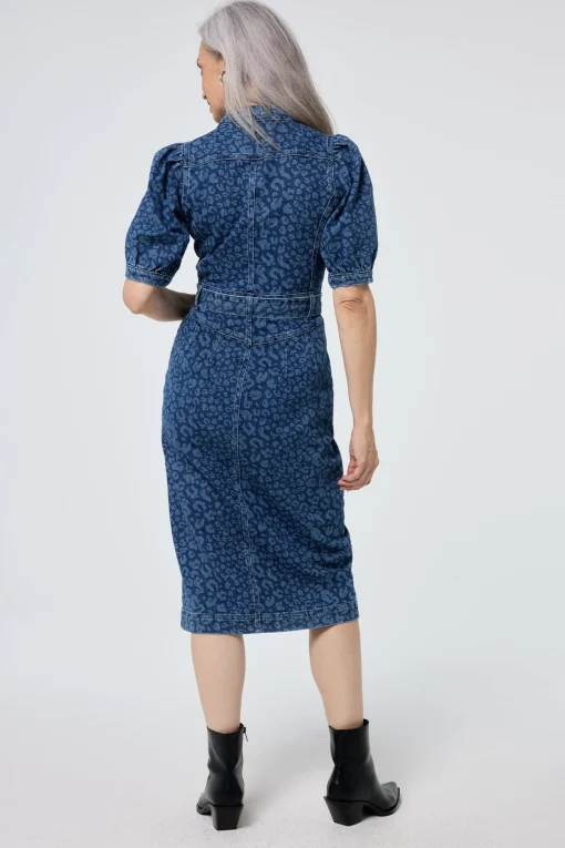 Women Scamp & Dude Authentic Indigo Leopard Zip Detail Midi Denim Dress