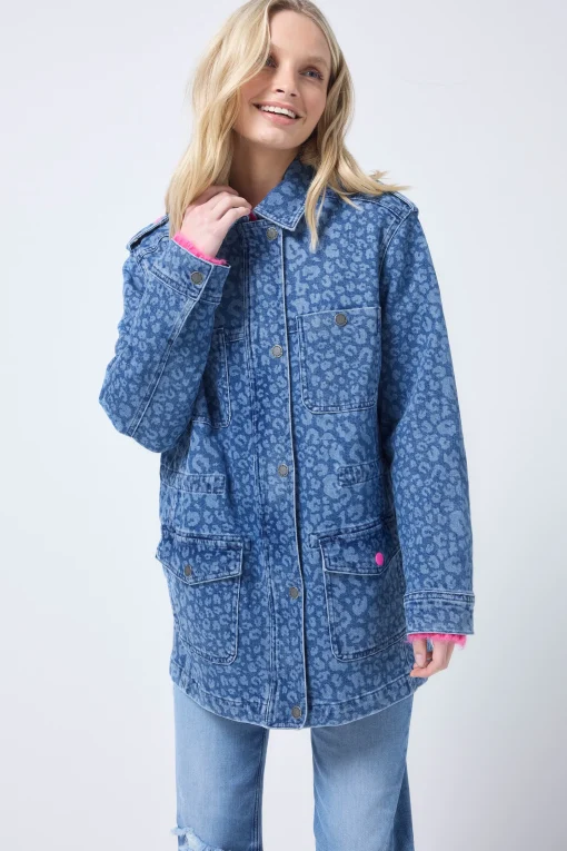Women Scamp & Dude Authentic Indigo Leopard Denim Utility Jacket