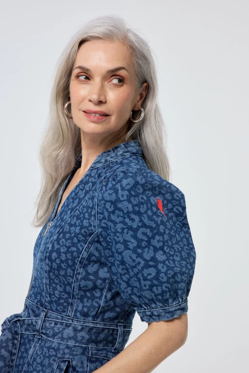 Women Scamp & Dude Authentic Indigo Leopard Zip Detail Midi Denim Dress