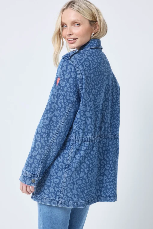 Women Scamp & Dude Authentic Indigo Leopard Denim Utility Jacket