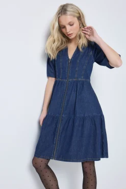 Women Scamp & Dude Authentic Indigo Zip Detail Tiered Short Denim Dress