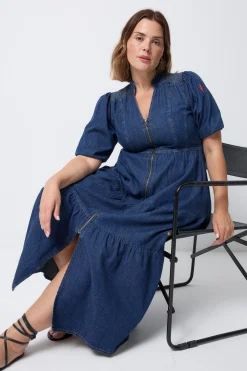 Women Scamp & Dude Authentic Indigo Zip Detail Tiered Midi Denim Dress