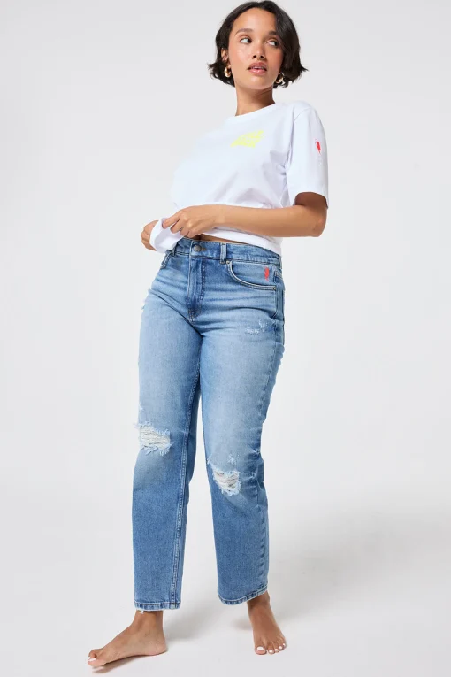 Women Scamp & Dude Authentic Light Indigo Distressed Boyfriend Jeans