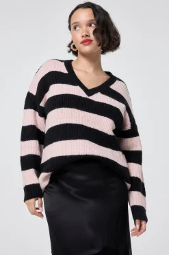 Women Scamp & Dude Black and Blush Pink Stripe V Neck Knit Jumper