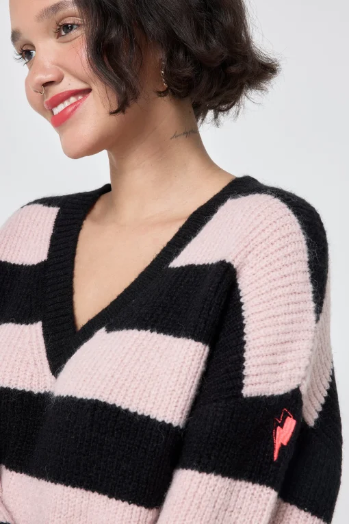 Women Scamp & Dude Black and Blush Pink Stripe V Neck Knit Jumper