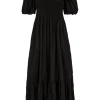 Women Scamp & Dude Black Dobby Shirred Puff Sleeve Midi Dress