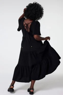 Women Scamp & Dude Black Flute Sleeve Tiered Midi Dress