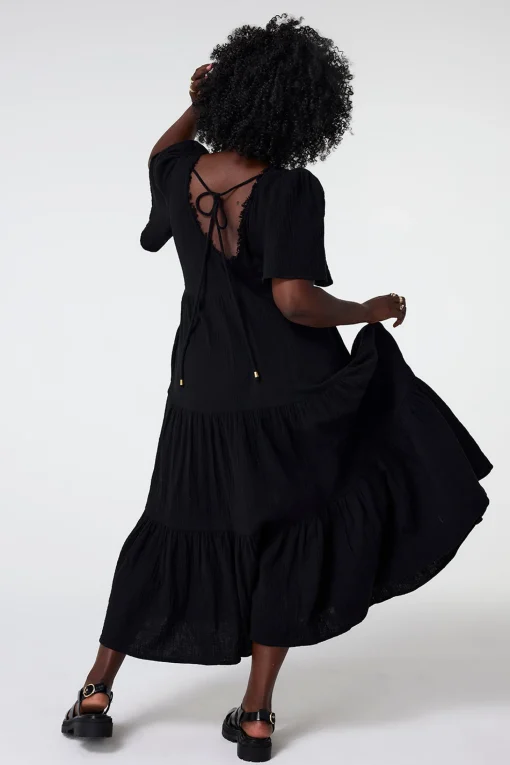 Women Scamp & Dude Black Flute Sleeve Tiered Midi Dress