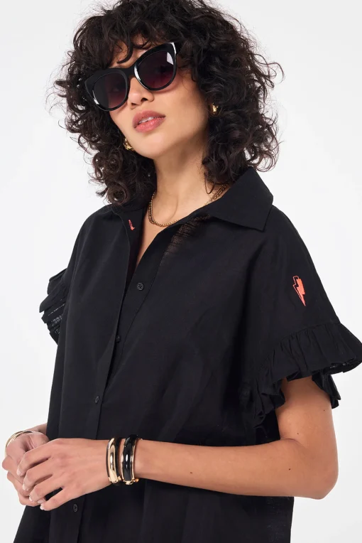 Women Scamp & Dude Black Frill Sleeve Shirt