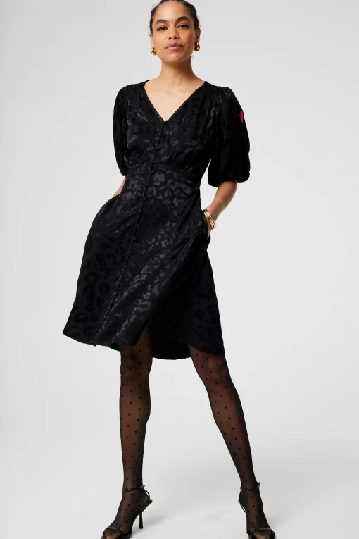 Women Scamp & Dude Black Jacquard Leopard Puff Sleeve Short Tea Dress