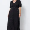Women Scamp & Dude Black Jacquard Star Flute Sleeve Midi Tea Dress