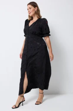 Women Scamp & Dude Black Jacquard Star Flute Sleeve Midi Tea Dress