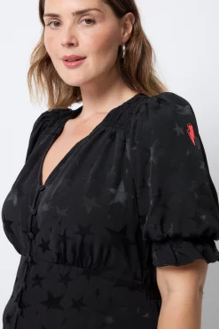 Women Scamp & Dude Black Jacquard Star Flute Sleeve Midi Tea Dress
