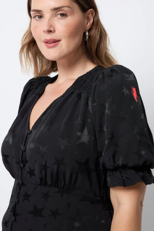 Women Scamp & Dude Black Jacquard Star Flute Sleeve Midi Tea Dress