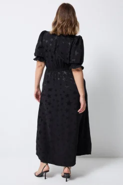 Women Scamp & Dude Black Jacquard Star Flute Sleeve Midi Tea Dress
