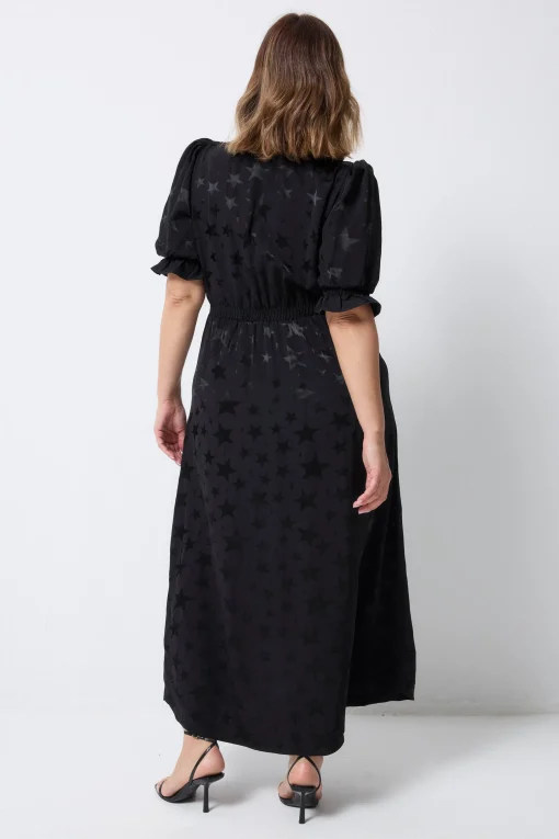 Women Scamp & Dude Black Jacquard Star Flute Sleeve Midi Tea Dress