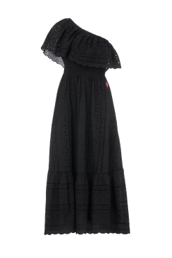 Women Scamp & Dude Black One Shoulder Broderie Tiered Midi Dress