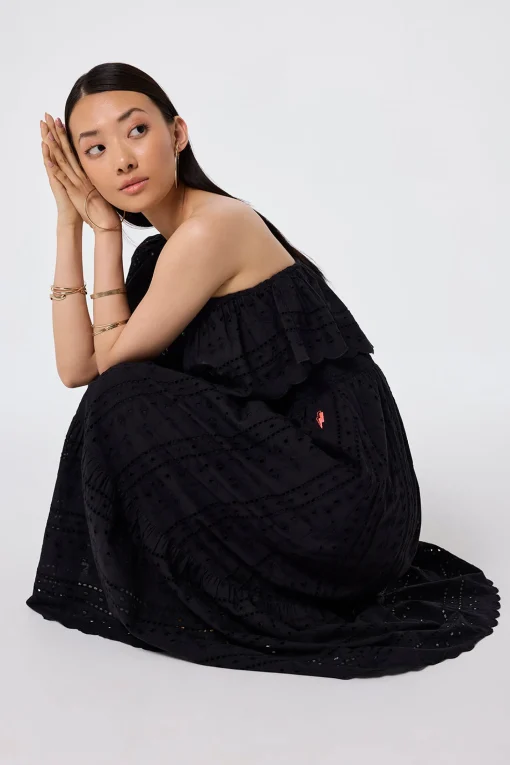 Women Scamp & Dude Black One Shoulder Broderie Tiered Midi Dress