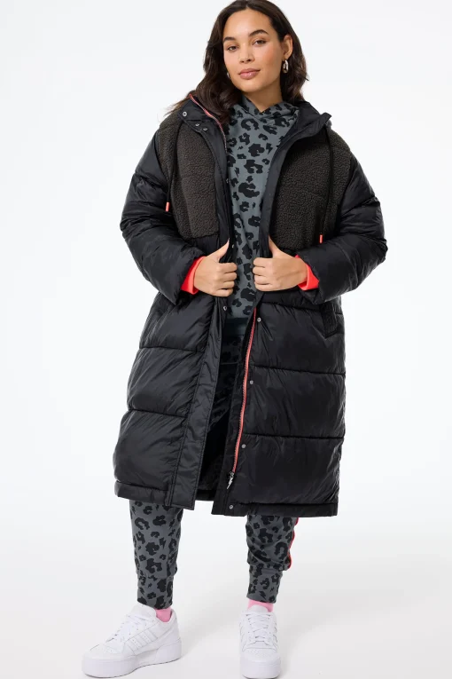 Women Scamp & Dude Black Quilted with Borg Longline Puffer Coat
