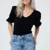 Women Scamp & Dude Black Studded V-Neck Puff Sleeve T-Shirt