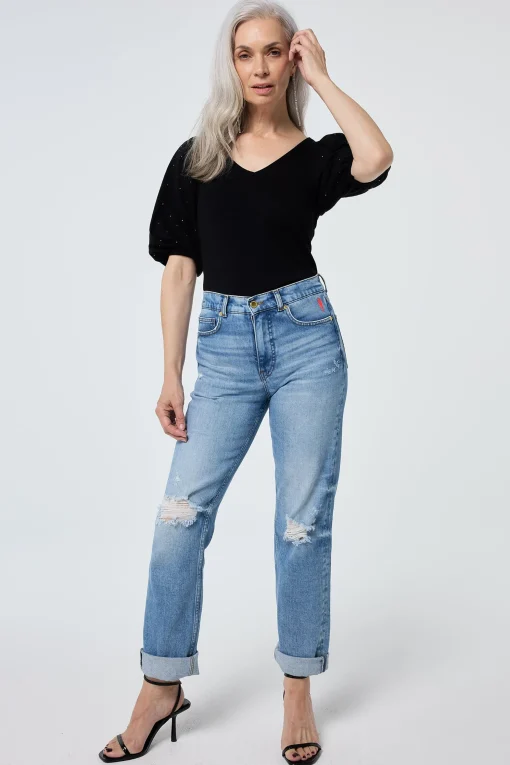 Women Scamp & Dude Black Studded V-Neck Puff Sleeve T-Shirt