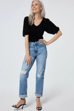 Women Scamp & Dude Black Studded V-Neck Puff Sleeve T-Shirt