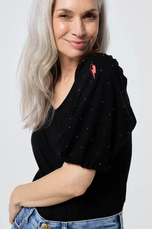 Women Scamp & Dude Black Studded V-Neck Puff Sleeve T-Shirt