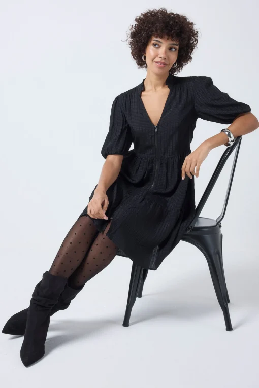 Women Scamp & Dude Black Textured Zip Detail Tiered Short Dress