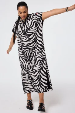 Women Scamp & Dude Black with Cream Palm Midi T-Shirt Dress