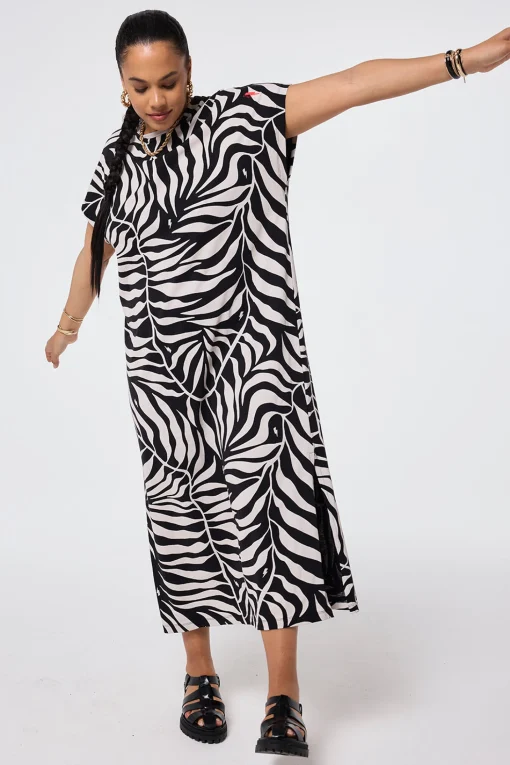Women Scamp & Dude Black with Cream Palm Midi T-Shirt Dress