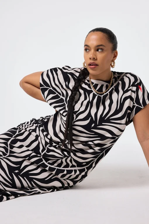 Women Scamp & Dude Black with Cream Palm Midi T-Shirt Dress