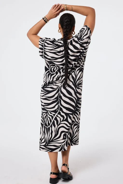 Women Scamp & Dude Black with Cream Palm Midi T-Shirt Dress