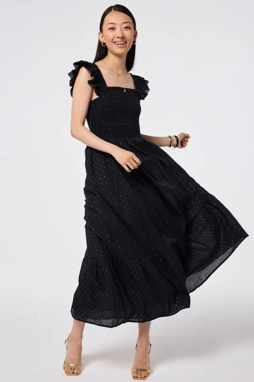 Women Scamp & Dude Black with Gold and Silver Lurex Spot Maxi Sundress