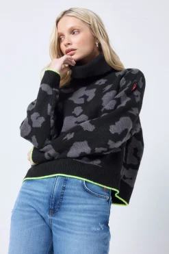 Women Scamp & Dude Black with Grey Mega Leopard Turtleneck Knitted Jumper