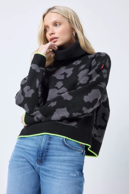 Women Scamp & Dude Black with Grey Mega Leopard Turtleneck Knitted Jumper