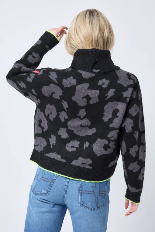 Women Scamp & Dude Black with Grey Mega Leopard Turtleneck Knitted Jumper