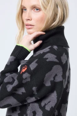 Women Scamp & Dude Black with Grey Mega Leopard Turtleneck Knitted Jumper