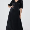 Women Scamp & Dude Black with Lace Trim Satin Puff Sleeve Midi Tea Dress