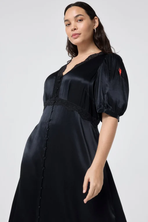 Women Scamp & Dude Black with Lace Trim Satin Puff Sleeve Midi Tea Dress