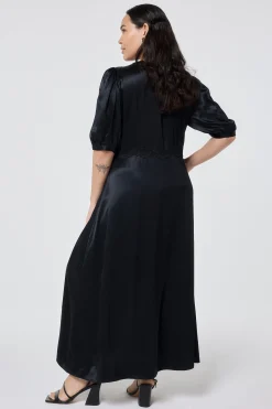 Women Scamp & Dude Black with Lace Trim Satin Puff Sleeve Midi Tea Dress