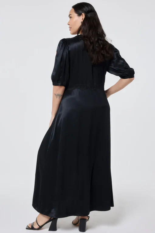 Women Scamp & Dude Black with Lace Trim Satin Puff Sleeve Midi Tea Dress