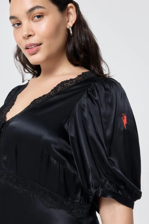 Women Scamp & Dude Black with Lace Trim Satin Puff Sleeve Midi Tea Dress