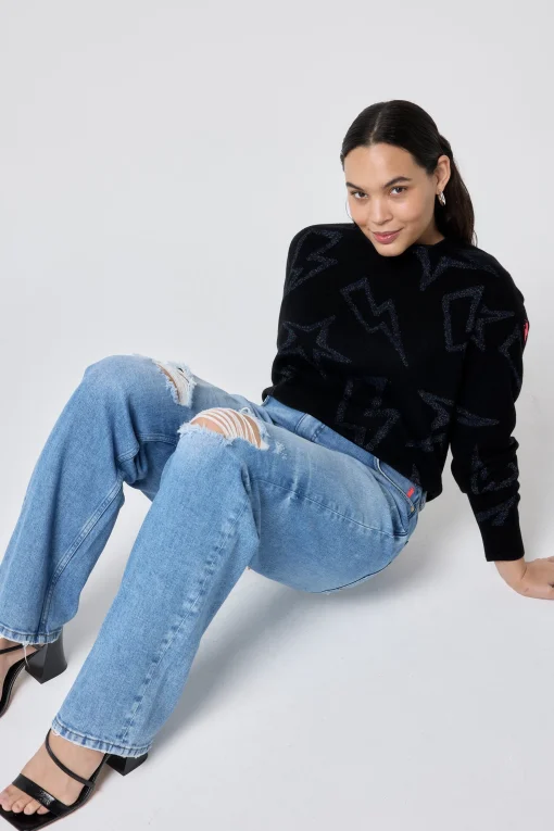 Women Scamp & Dude Black with Metallic Rainbow Star and Lightning Bolt Lurex Knit Jumper