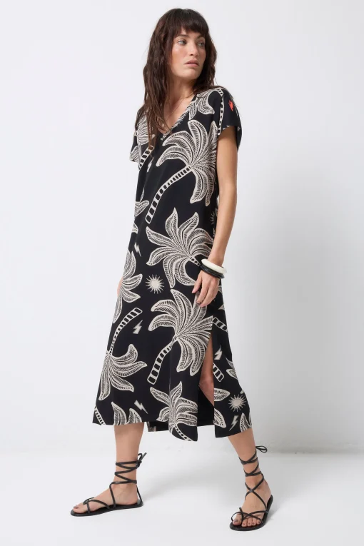 Women Scamp & Dude Black with Off White Palm Spring V-Neck Midi T-Shirt Dress