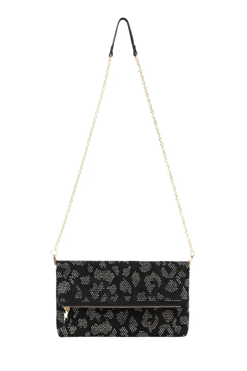 Women Scamp & Dude Black with Pewter Hot Fix Leopard Cross Body Bag