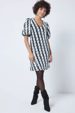 Women Scamp & Dude Black with White Lightning Bolt Sequin V-Neck Short Dress